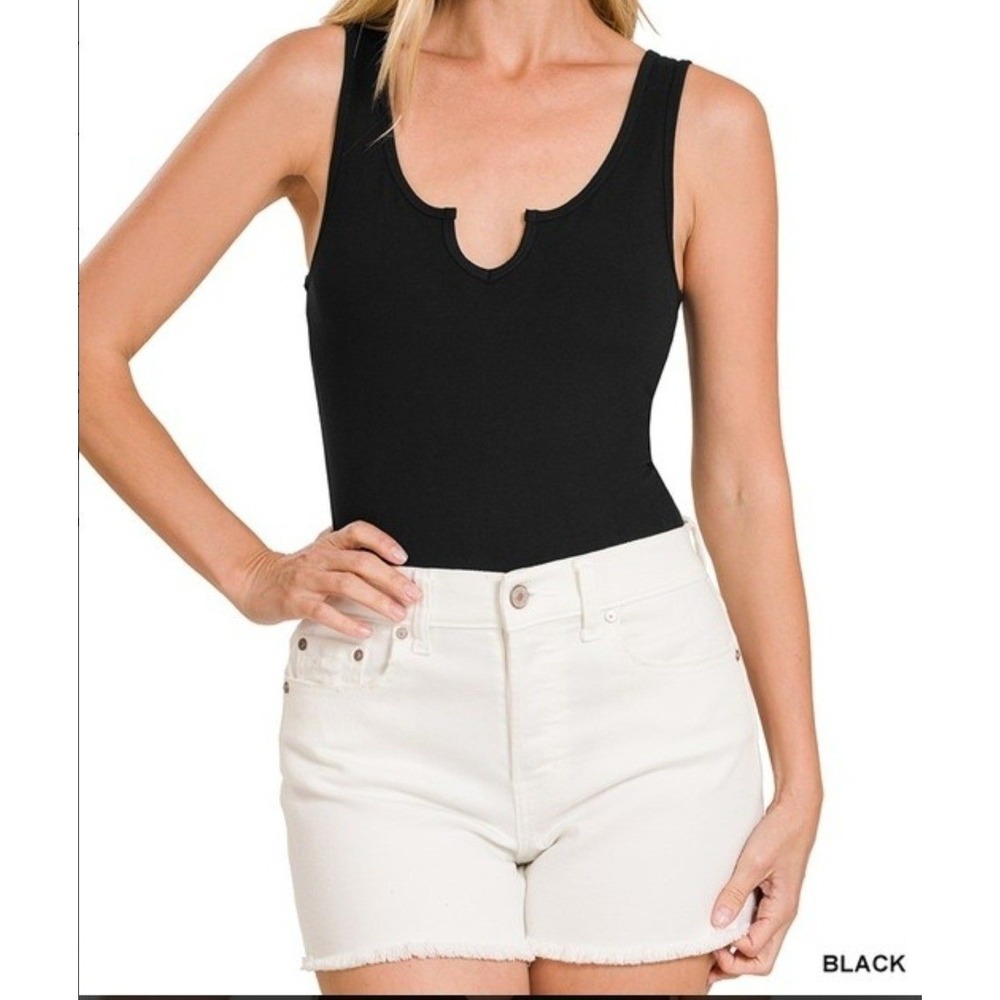 Zenana Black Brushed Microfiber Split Neck thong Bodysuit Tank Top Stretch XL‎